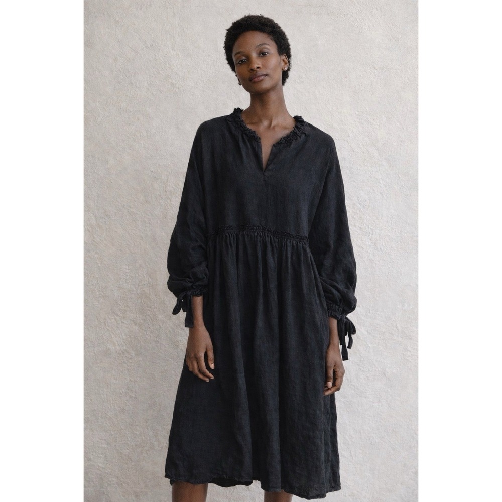 NUIT Black Linen Peasant Smock Dress Boho Cottagecore Balloon Sleeve Midi Sz S/M